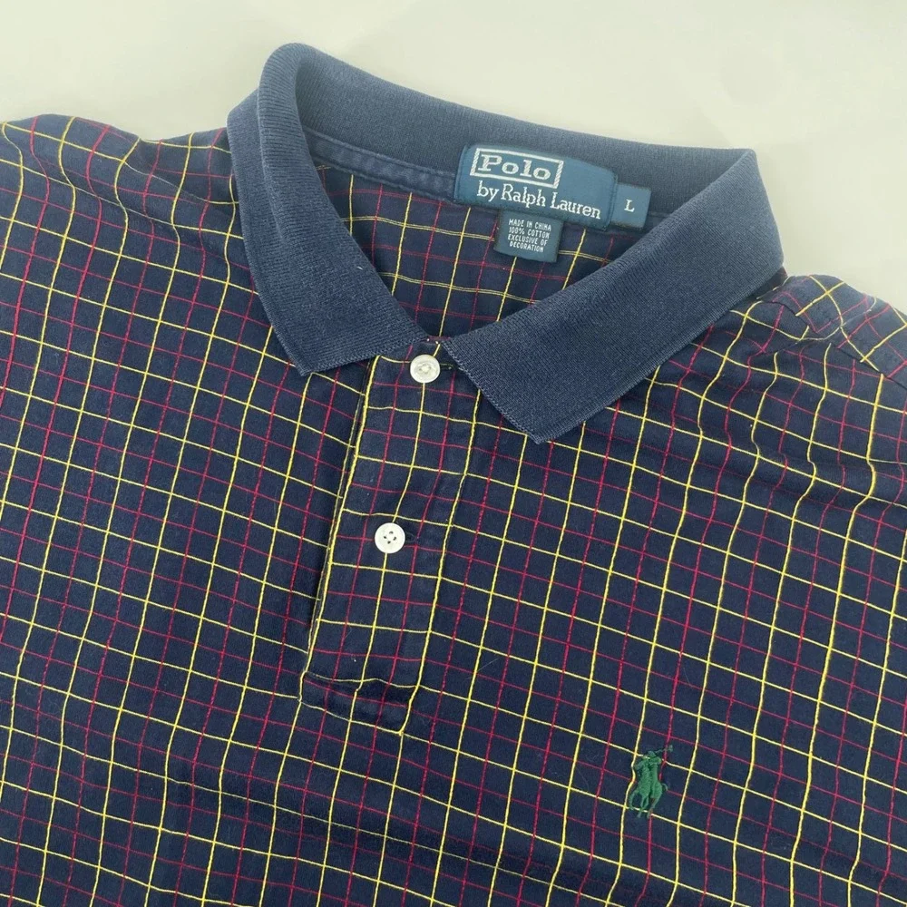 Polo Ralph Lauren VTG Polo Shirt Mens L Blue Plaid‎ Windowpane Check Cotton Logo
